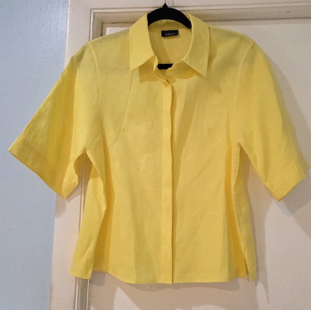 Women's Akris Boxy Linen Short Sleeve Yellow Blouse, Size 8